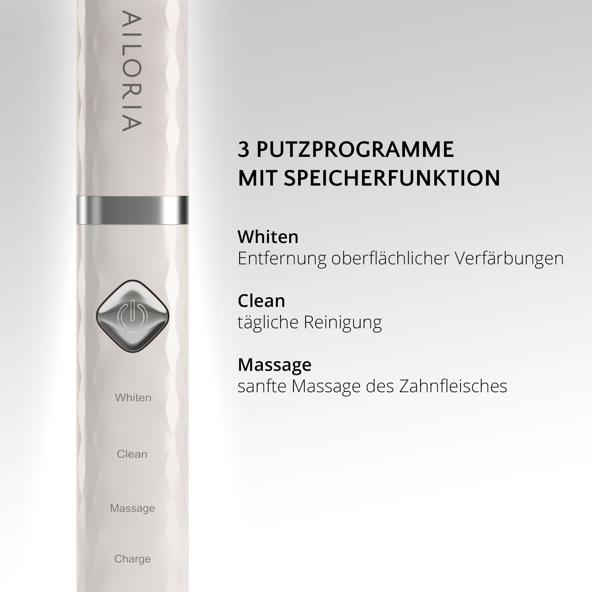 Spazzolino con 3 modalità: Sbiancante, Pulizia, Massaggio. Con funzione memoria.