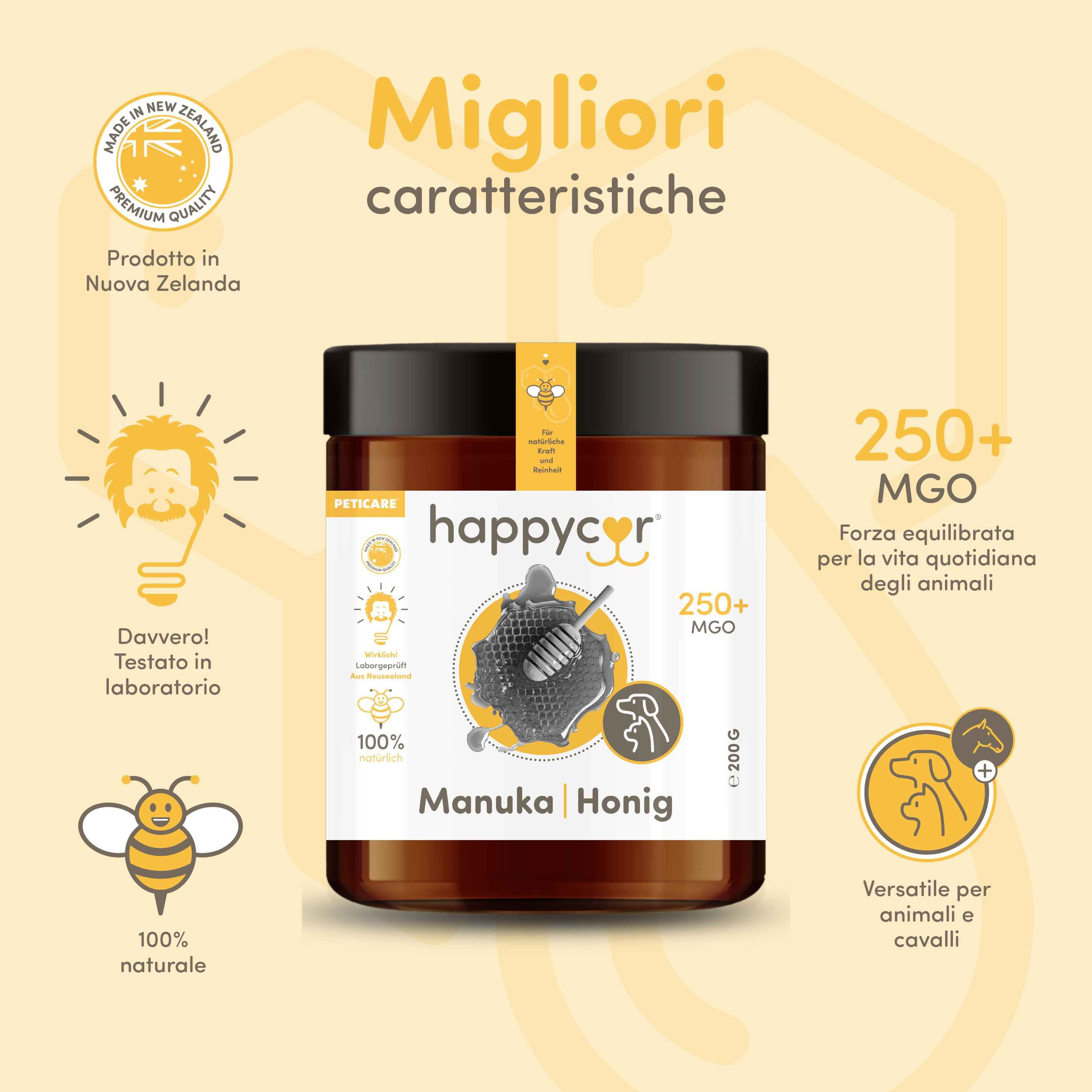 Vaso di Happycor Miele di Manuka 250+ MGO. "Migliori caratteristiche". Prodotto in Nuova Zelanda.