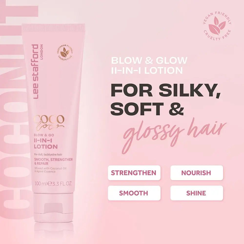 Lee Stafford Coco Loco Blow & Go Lozione 11-in-1 con testo che promuove capelli setosi, morbidi e lucidi.