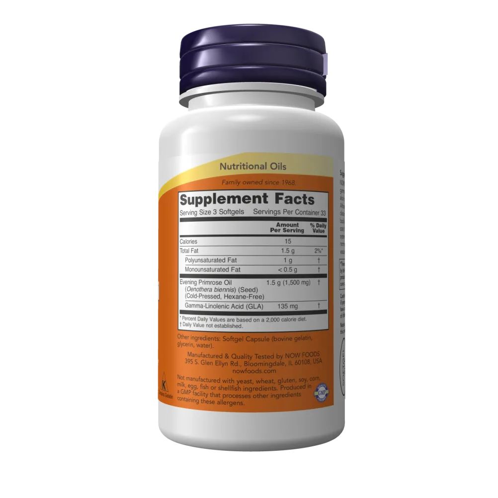 Retro del flacone. Etichetta con informazioni nutrizionali. Contiene informazioni su grassi e olio di enotera. Marchio: NOW FOODS.