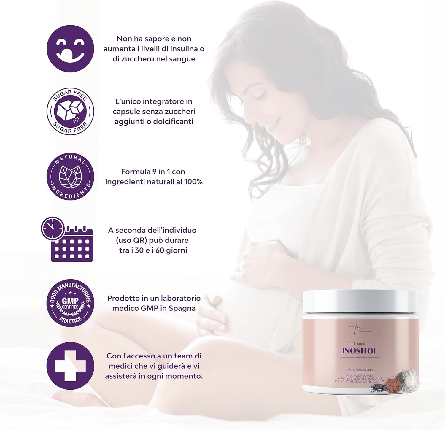 QSTA D-Chiro & Myo Inositol Polvere: donna incinta con prodotto, vegano, ingredienti naturali, certificato GMP.