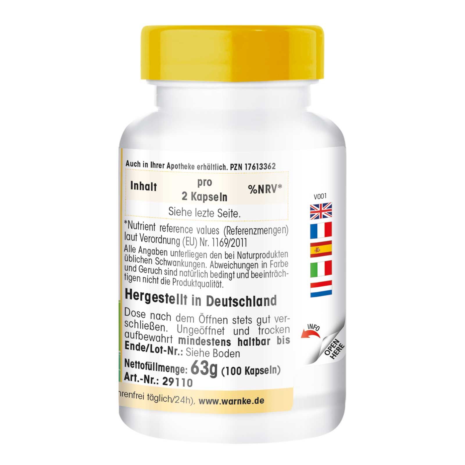 Retro del flacone bianco con tappo giallo. Testo: Contenuto, informazioni nutrizionali, Prodotto in Germania, Scadenza, Peso netto 63g (100 capsule).