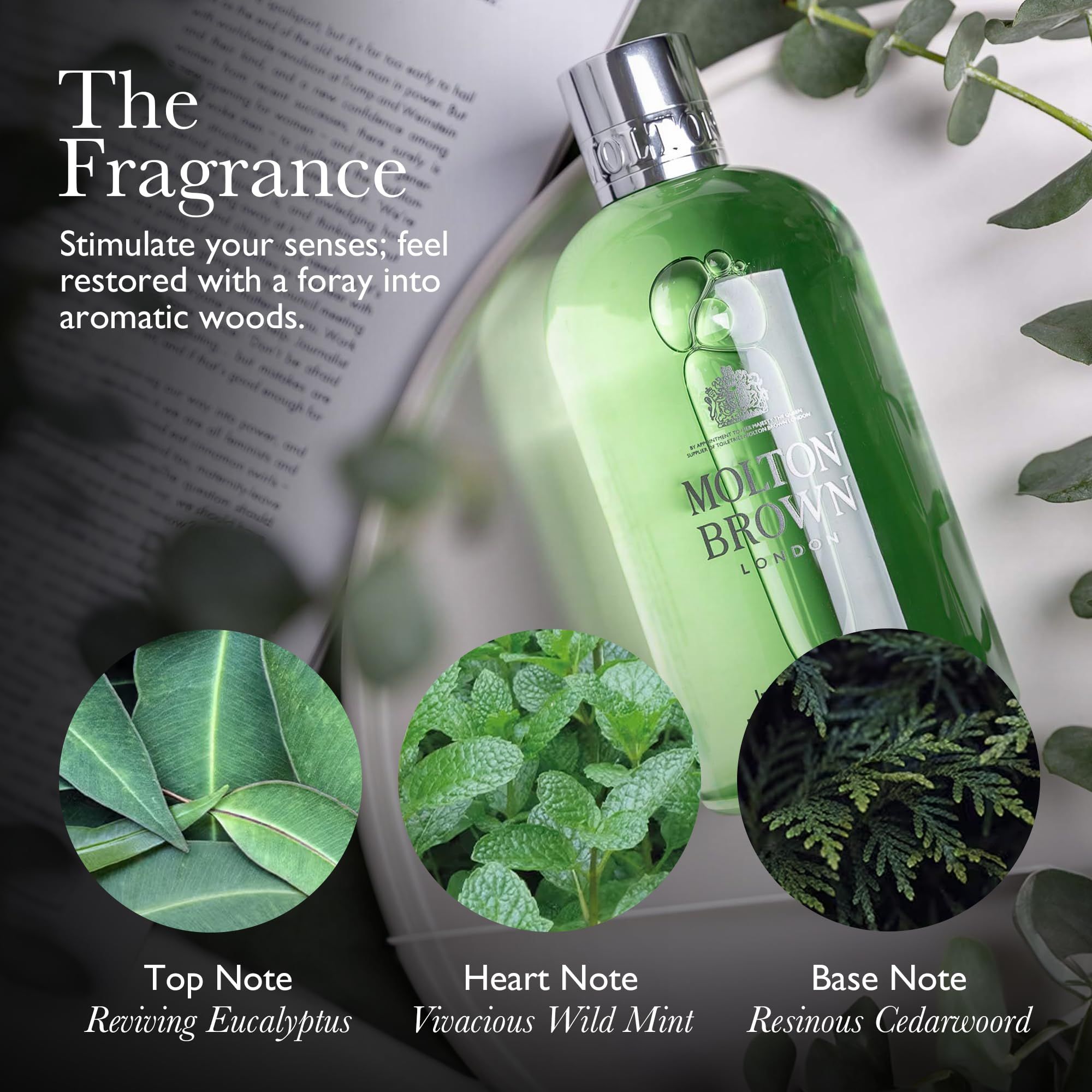 Flacone, foglie ed erbe. Testo: Nota di testa, Nota di cuore, Nota di fondo. Marchio Molton Brown.