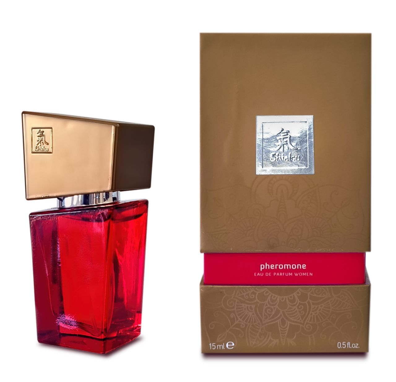 Flacone di profumo rosso accanto alla sua scatola dorata e rossa.