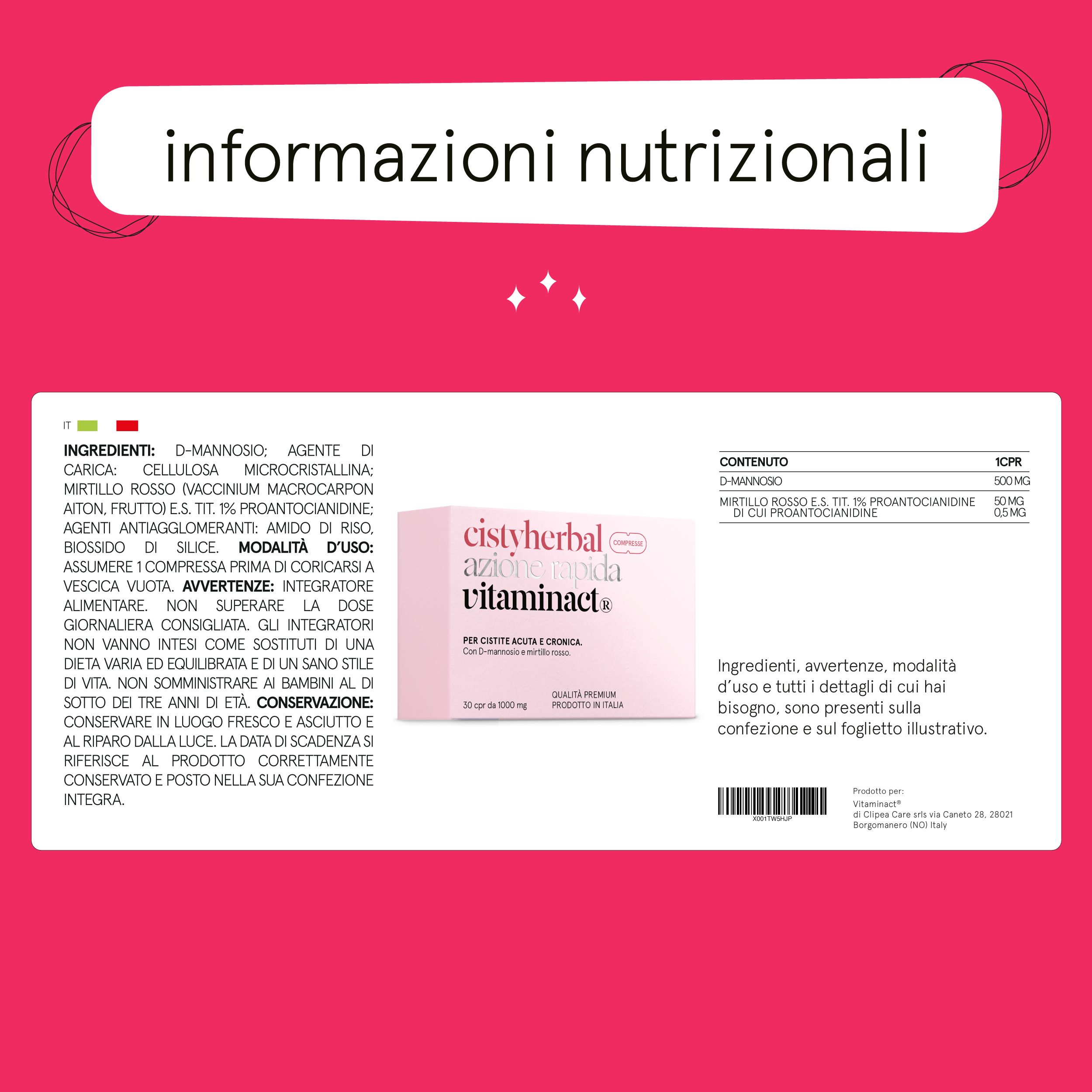 Informazioni nutrizionali per "cistyherbal azione rapida vitaminact®". Ingredienti e quantità su sfondo bianco.
