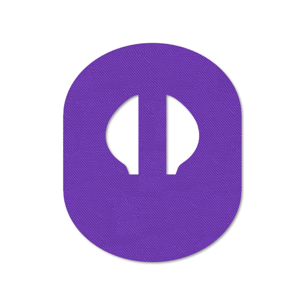 Cerotto viola, forma ovale con intagli. Superficie tessile, barra centrale. Su sfondo bianco.