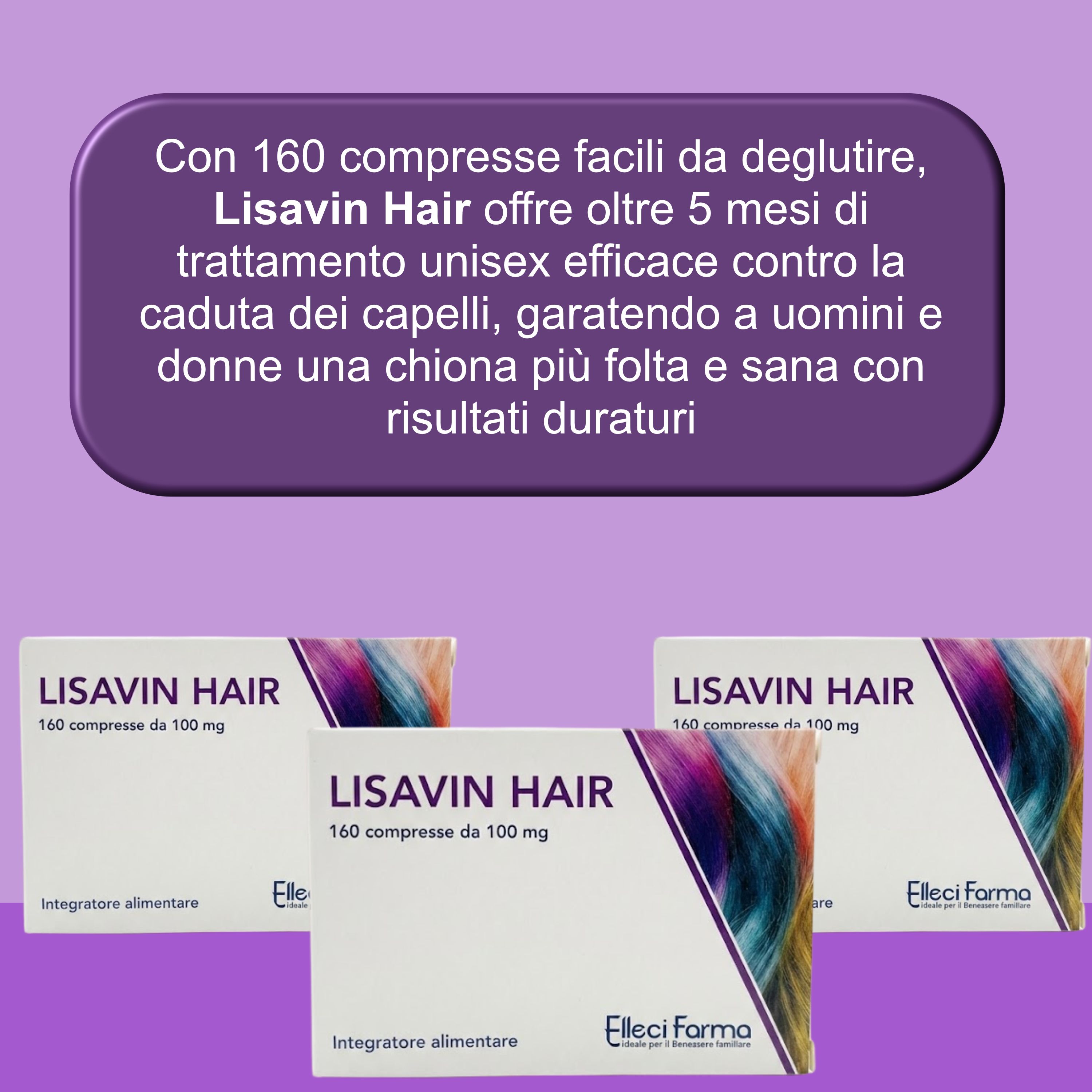 Tre confezioni del prodotto Lisavin Hair. Su sfondo viola.