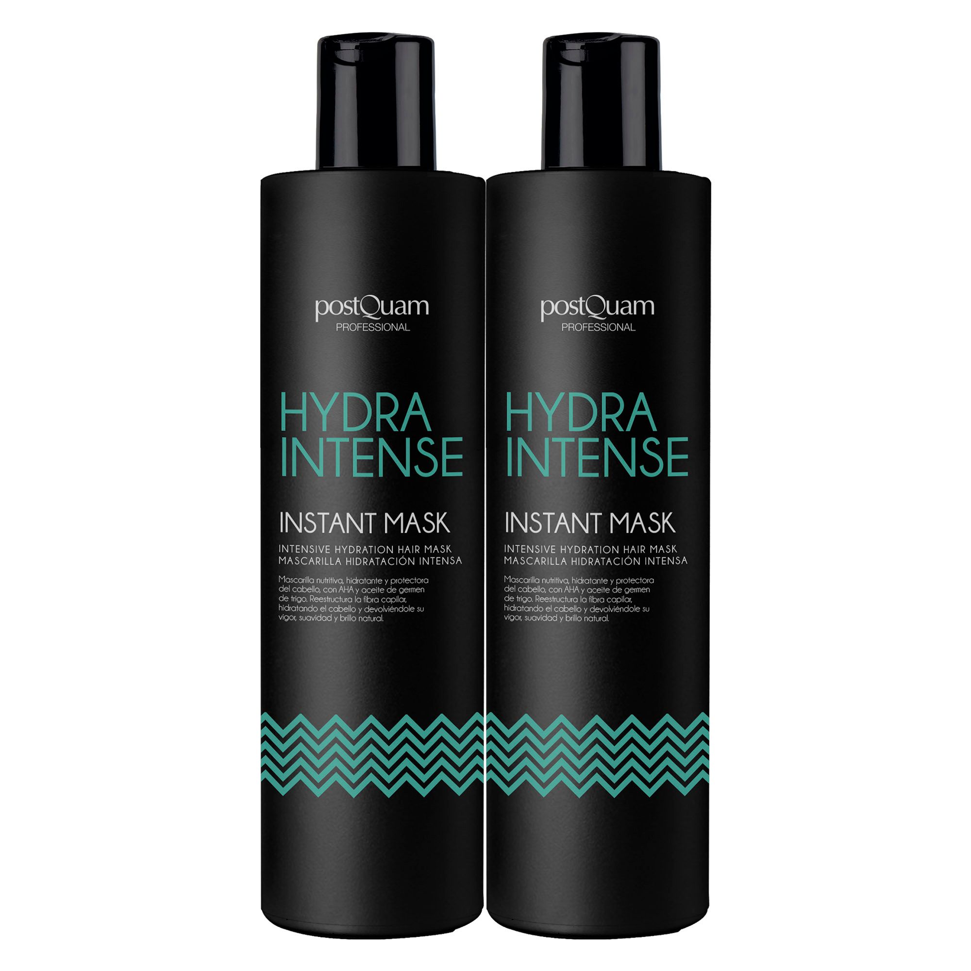 Due flaconi neri. Scritta: Hydra Intense Instant Mask. Motivo a onde verdi.