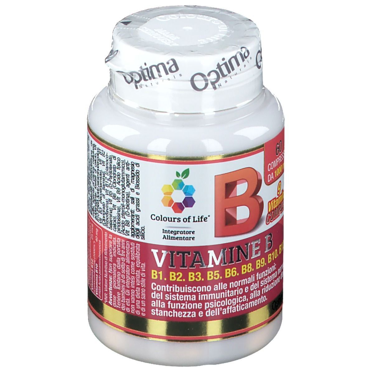 Flacone bianco con etichetta rossa. Scritta: Vitamina B Komplex. 60 compresse, 1000 mg. Marchio: Colours of Life.