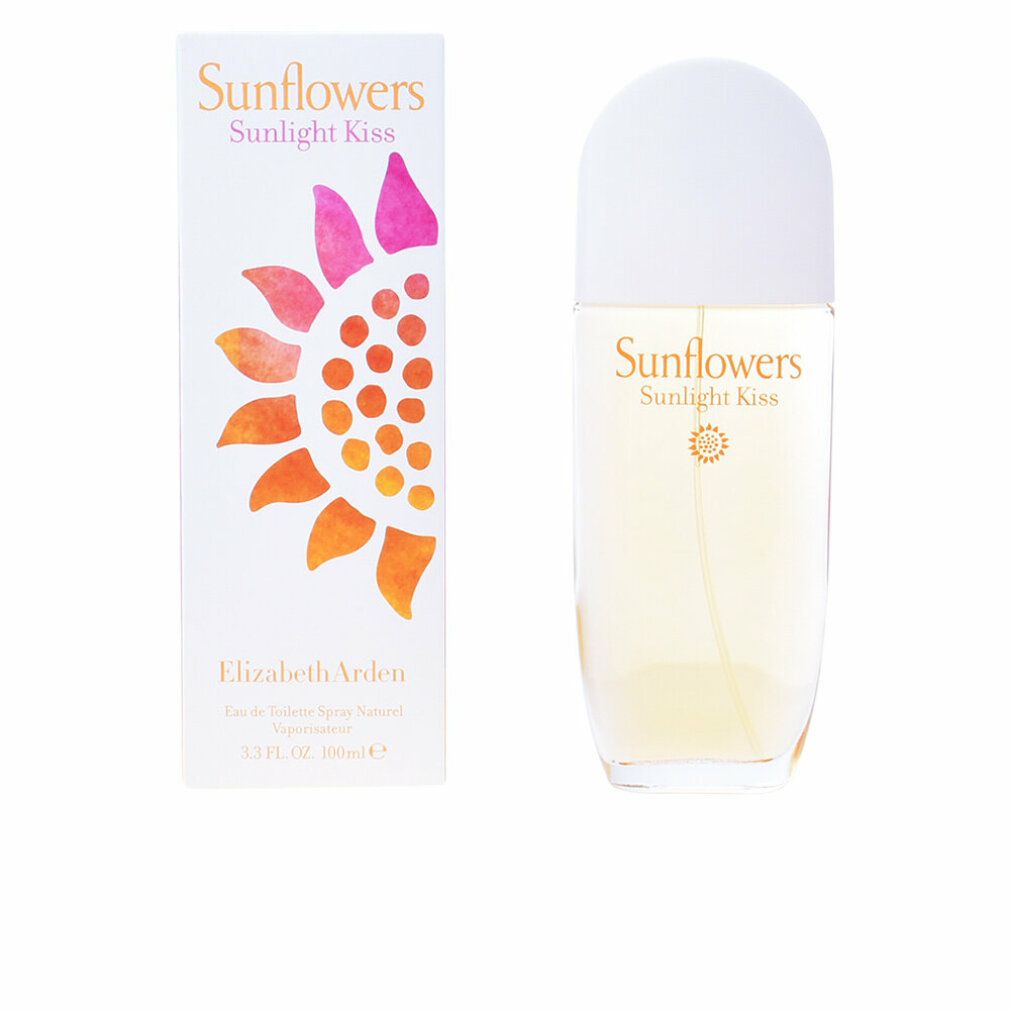 Elizabeth Arden Sunflowers Sunlight Kiss. Flacone e confezione. Flacone con tappo bianco. Design girasole sulla confezione.