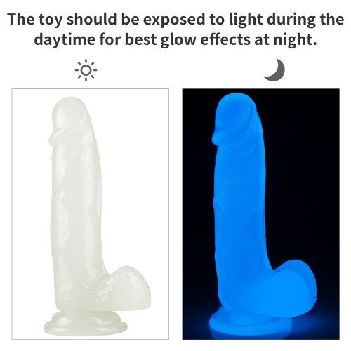 Immagine comparativa: dildo alla luce del giorno e brillante al buio. Effetto luminoso.