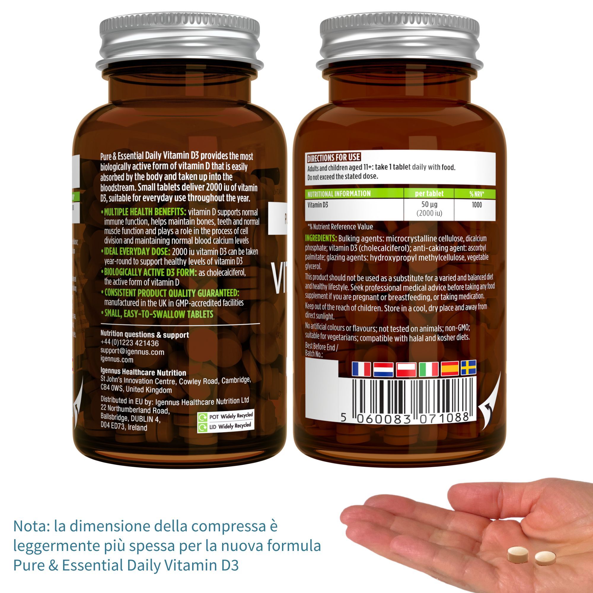 Due flaconi marroni con etichette. Testo: Daily Vitamin D3, 2000 UI. Compresse in mano.