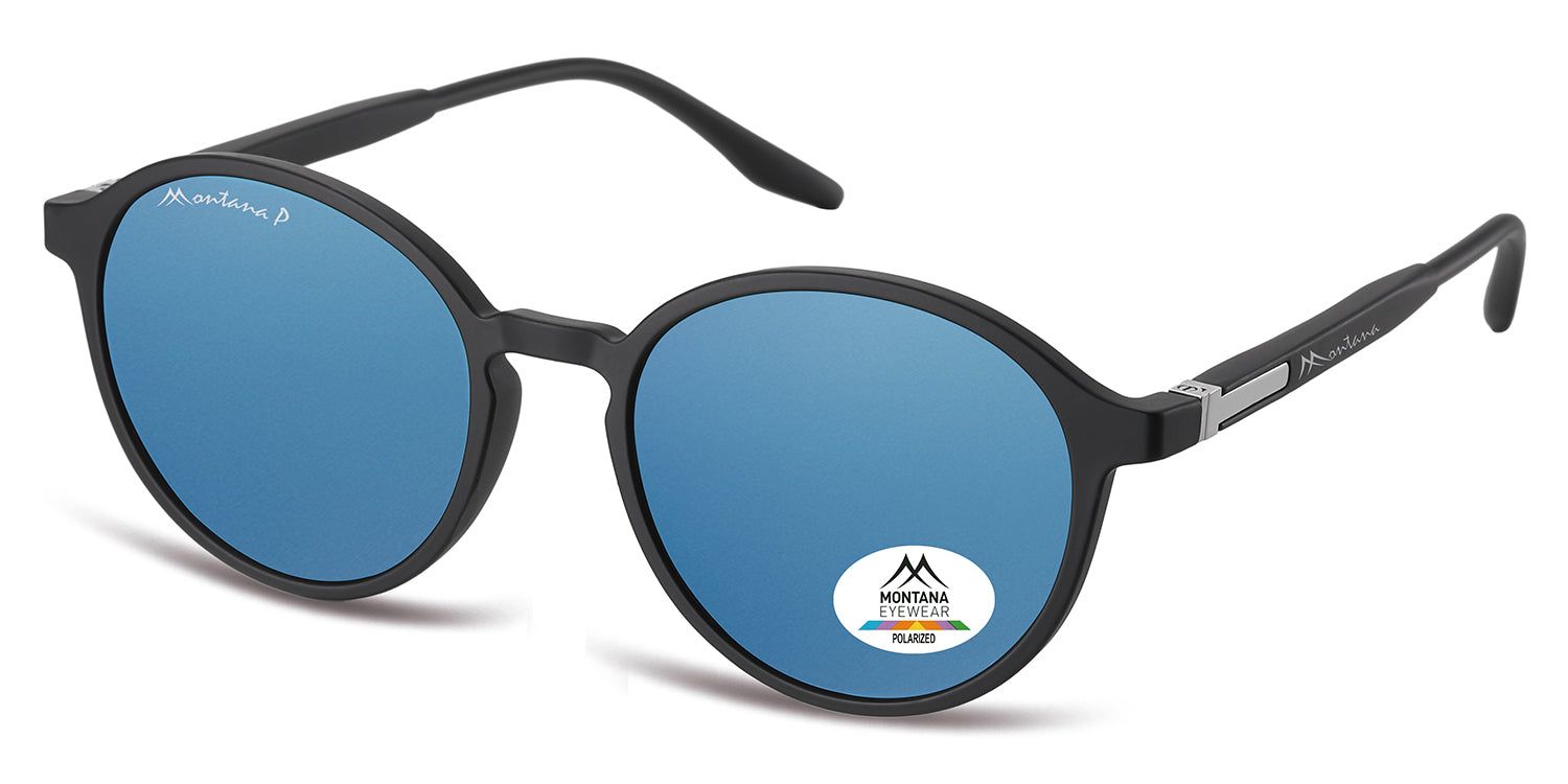 Occhiali da sole rotondi con lenti blu. Montatura nera. Logo Montana Eyewear. Adesivo polarizzato.