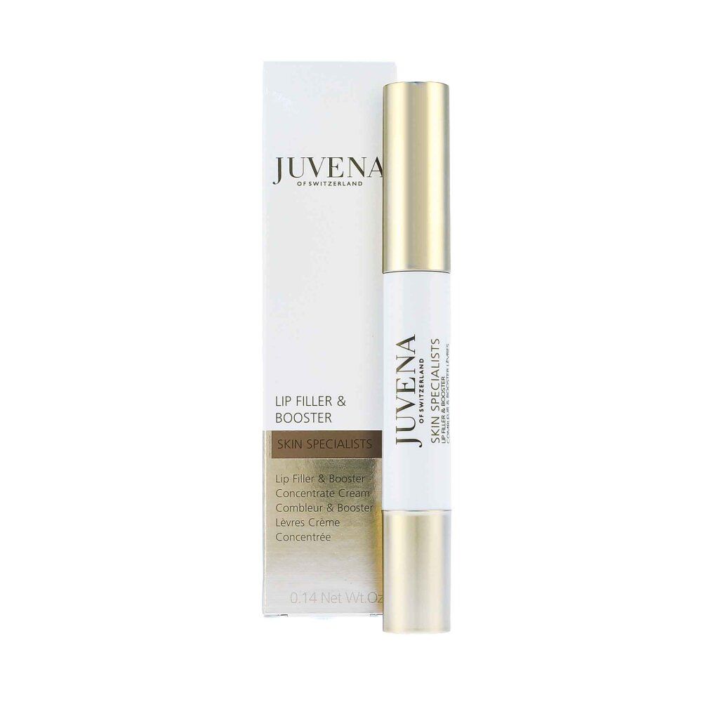 JUVENA SKIN SPECIALISTS Lip Filler & Booster. Penna bianca con estremità dorate e confezione. Testo: Lip Filler & Booster.