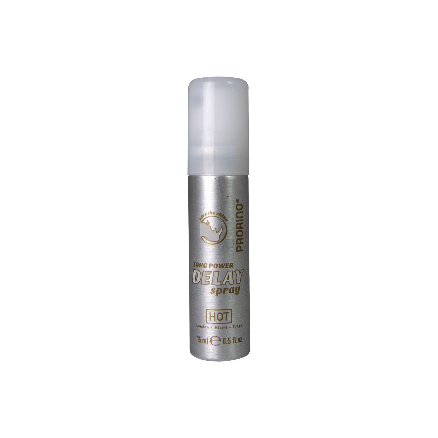 Flacone spray argentato con tappo bianco. Testo: Long Power Delay Spray, HOT. 15ml.