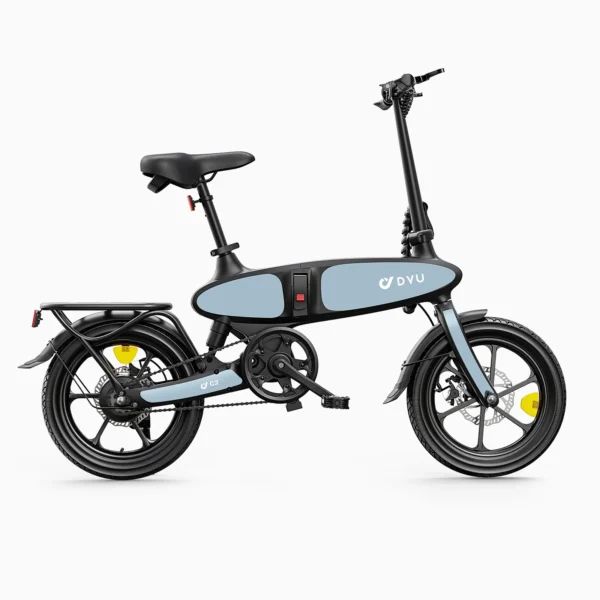 E-bike pieghevole, blu chiaro e nero, con logo DYU. Ha un portapacchi, parafanghi e accenti gialli sulle ruote.