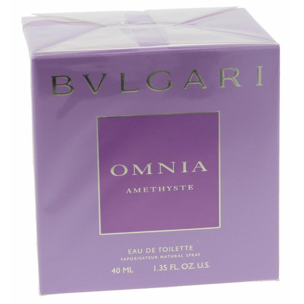Confezione Bvlgari Omnia Amethyste. Scatola viola con nome e logo del prodotto. Testo: Eau de Toilette, 40 ml.