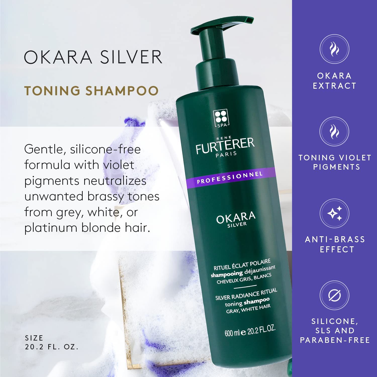 Flacone verde di shampoo Okara Silver. Marca René Furterer. Per capelli grigi, bianchi o biondi. Contiene 600 ml.