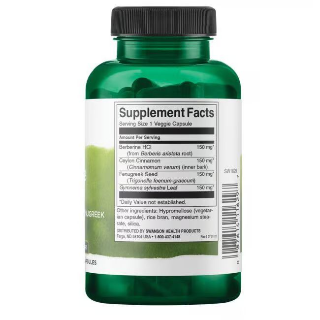 Retro del flacone verde. Scritta: Supplement Facts. Ingredienti: berberina, cannella, fieno greco, gymnema. Codice a barre.