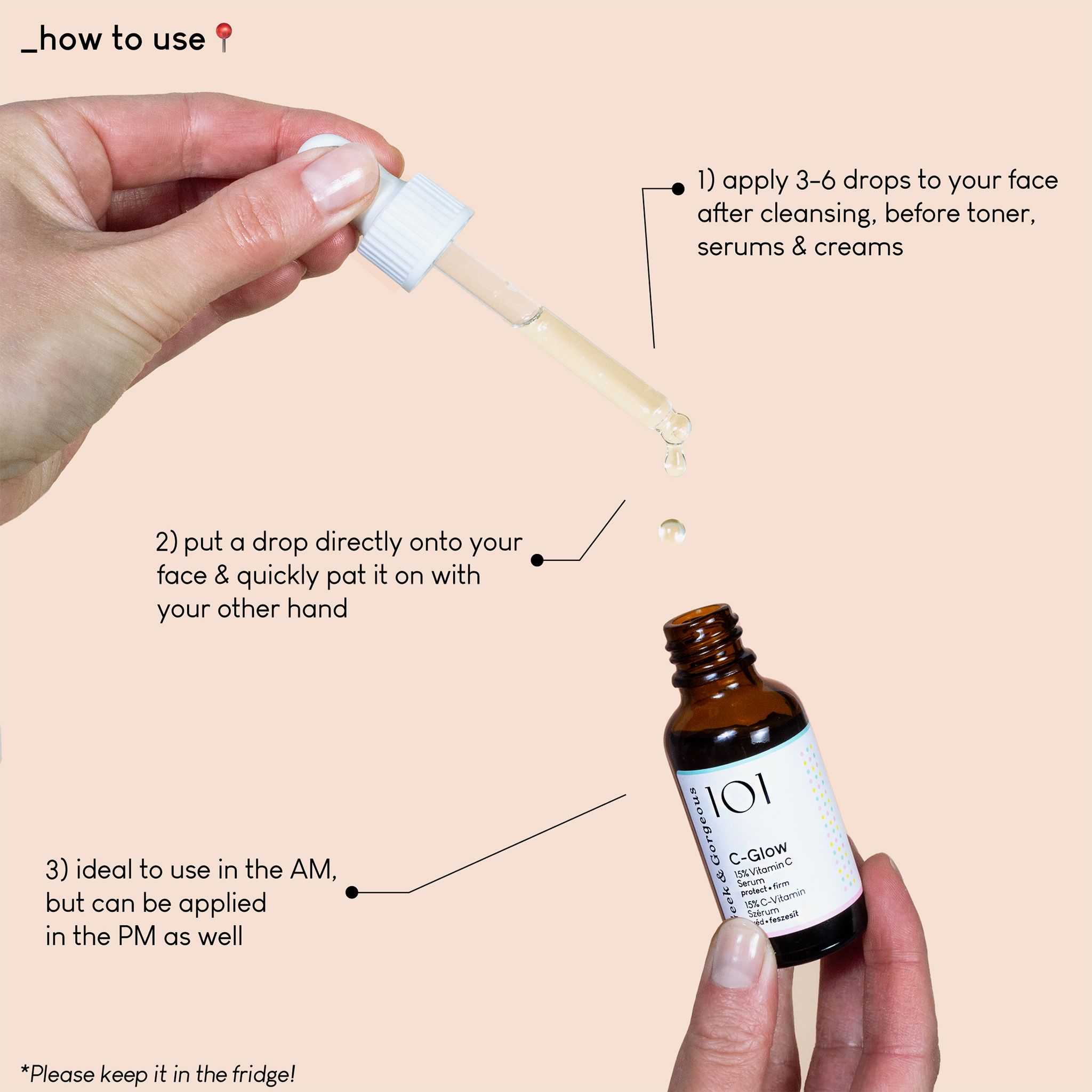 Mano che tiene flacone e contagocce. L'etichetta riporta "C-Glow" e "15% Vitamin C Serum".