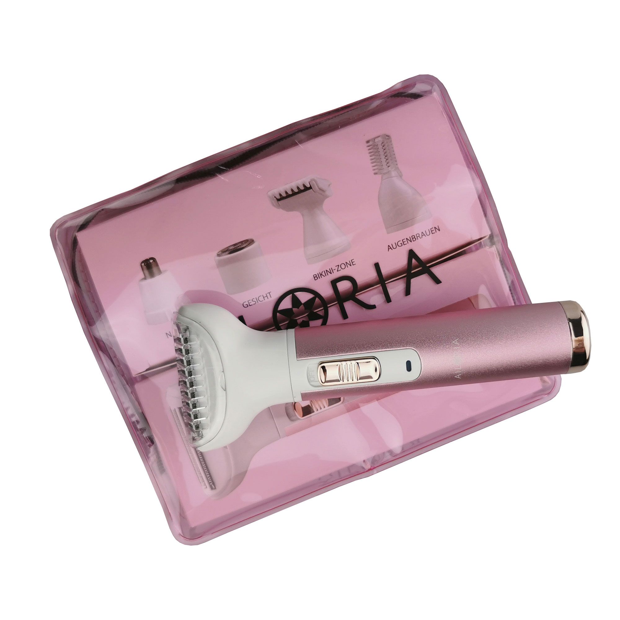 Rasoio rosa con accessori in una custodia trasparente. Gli accessori sono illustrati sulla custodia.