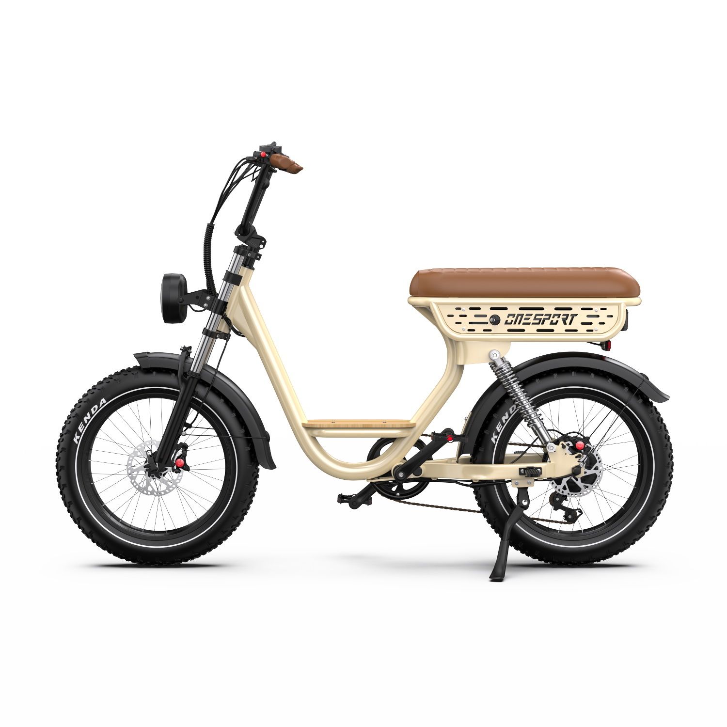 Bicicletta elettrica beige con sella e portapacchi marroni. Pneumatici, parafanghi e manubrio neri. Marca: ONESPORT.