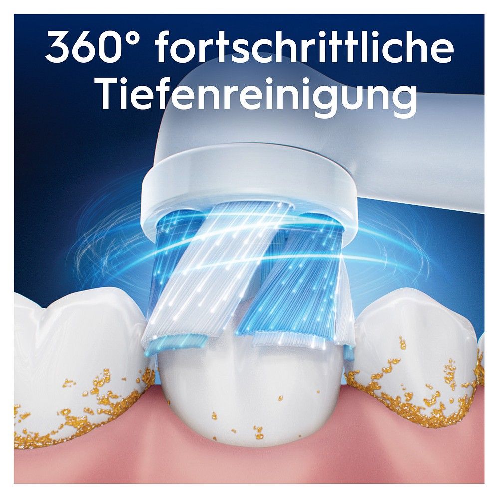 Testina Oral-B iO che pulisce i denti con pulizia profonda avanzata a 360°. Setole blu ed effetti luminosi simulano l'azione pulente.