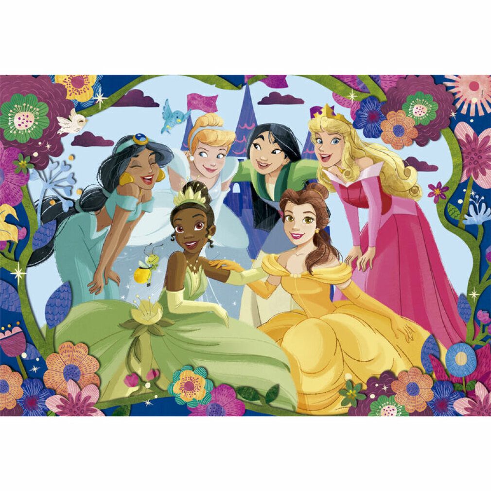Puzzle con Principesse Disney. Diverse principesse in abiti colorati su sfondo floreale. Sfondo blu.
