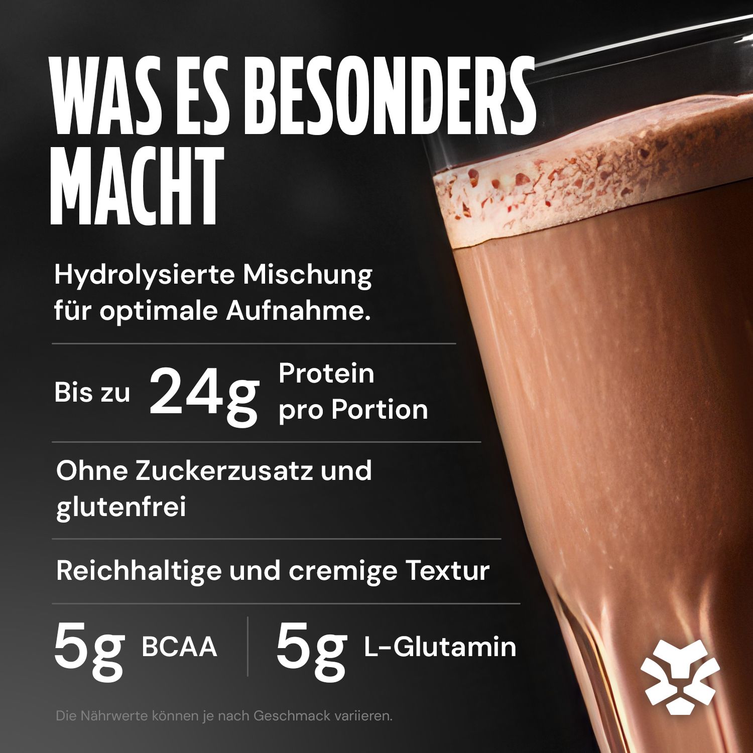 Bicchiere con Polleo 1st Whey Protein Shake, ricco di proteine e BCAA.