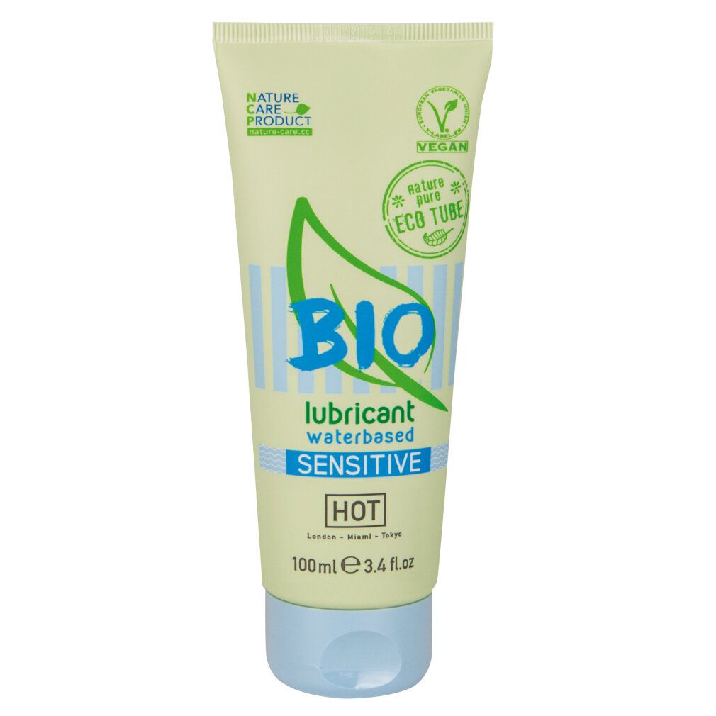 Lubrificante BIO Sensitive, a base d'acqua, tubo da 100ml. Motivi a foglia e onde.