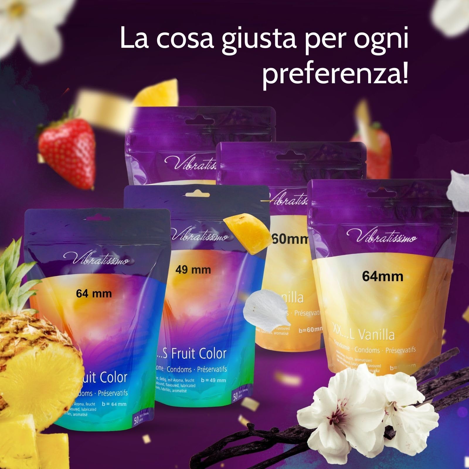 Preservativi Vibratissimo XXL Vaniglia, 64mm, 50 pezzi, confezionati singolarmente.