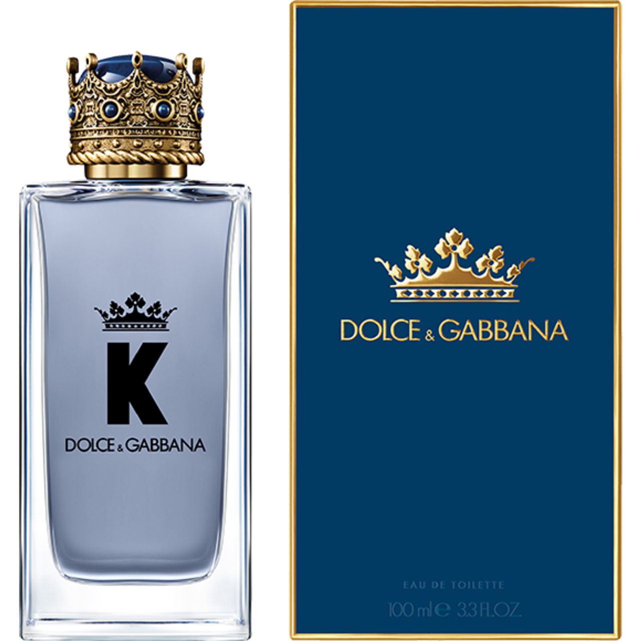 Flacone e scatola di K by Dolce & Gabbana. Flacone con tappo a corona. Scatola blu con logo e testo dorati.