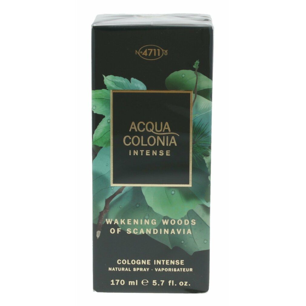 Confezione in cartone con foglie. Etichetta nera con testo dorato: ACQUA COLONIA INTENSE, WAKENING WOODS OF SCANDINAVIA. 170 ml.