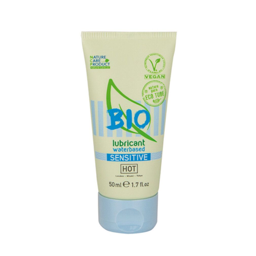 Tubo di lubrificante BIO SENSITIVE, a base d'acqua. Design verde e bianco, tappo blu. Sigillo vegano, 50ml.