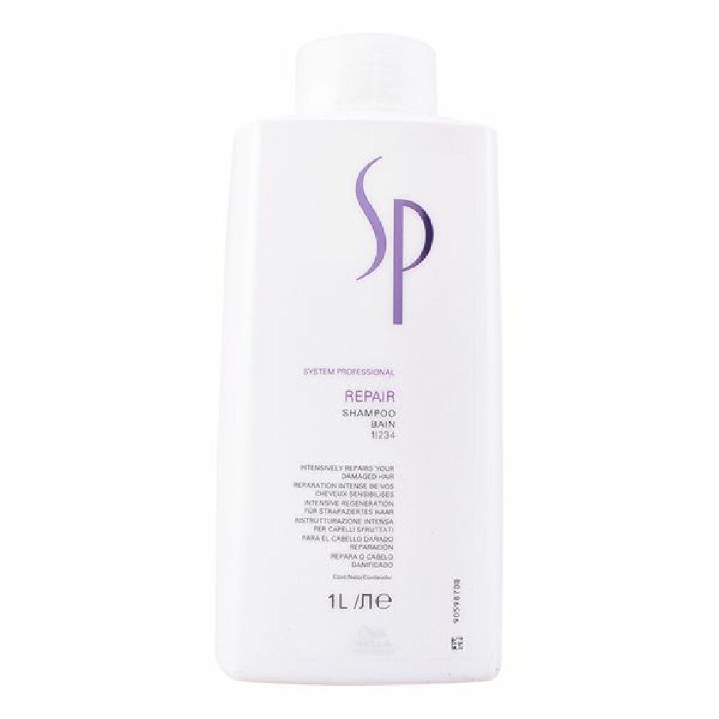 Flacone di shampoo bianco con logo SP viola. Testo: Repair Shampoo, 1L. Flacone con tappo bianco.