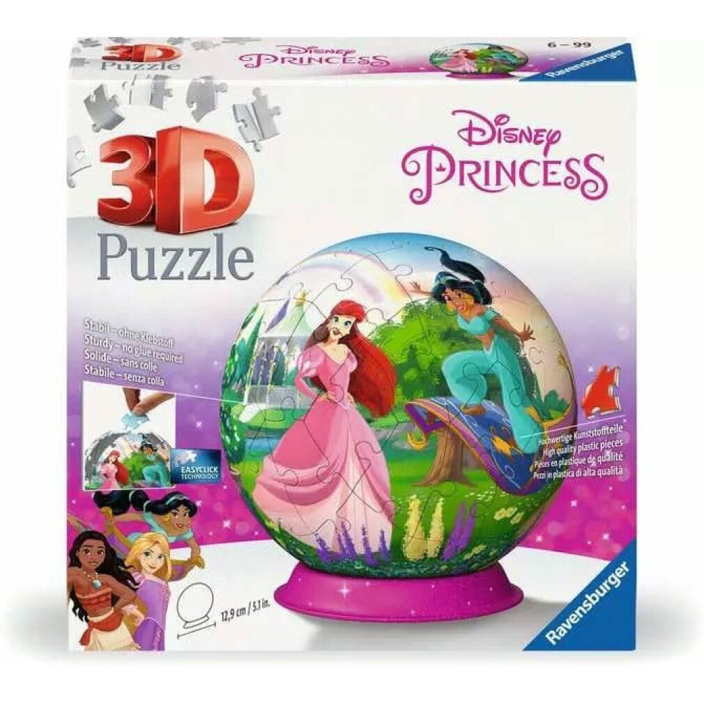 Puzzle 3D-Ball Disney Princess. Puzzle sferico con Ariel e Jasmine. Base rosa. Confezione con logo e pezzi.