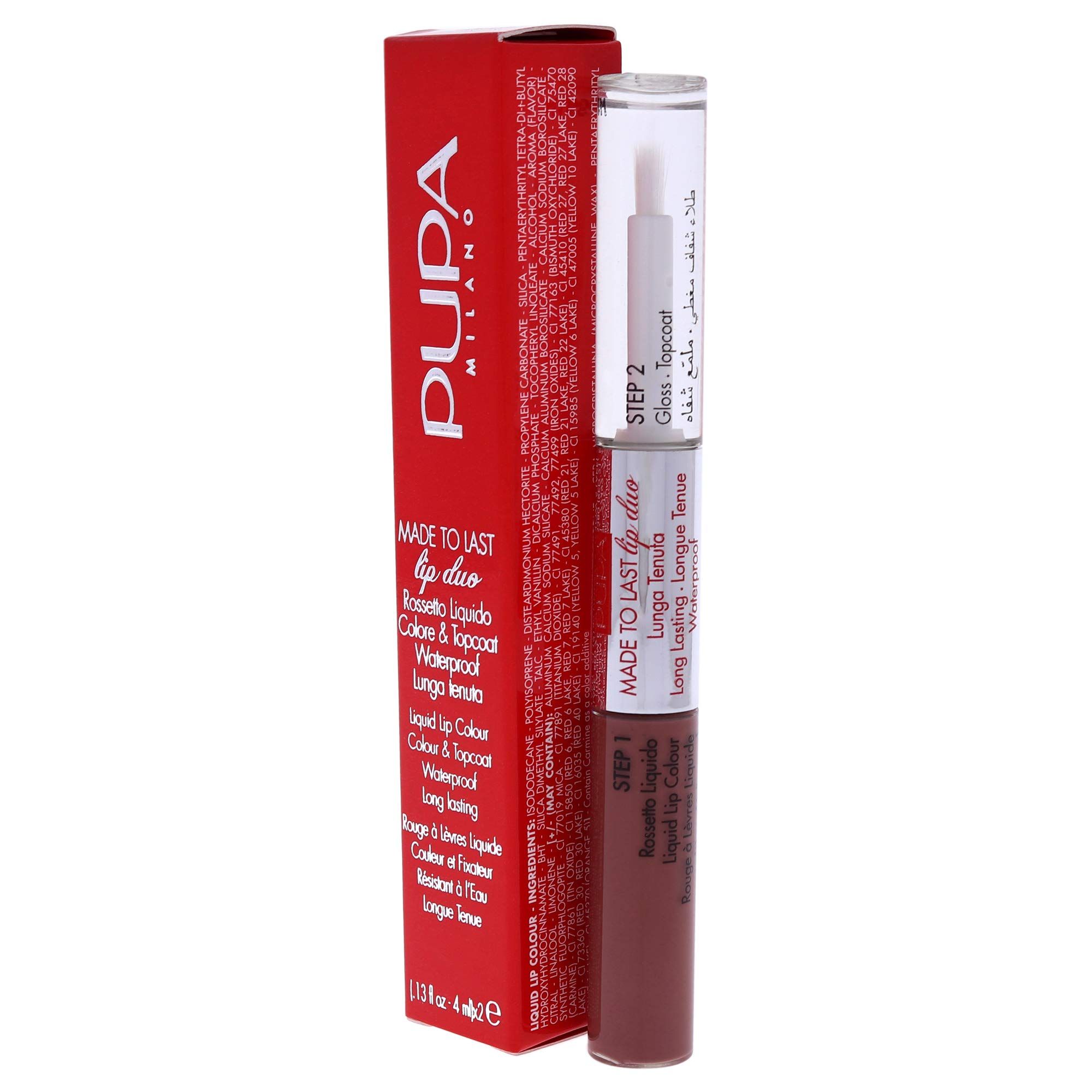Pupa Made to Last Lip Duo. Rossetto liquido e top coat. Confezione rossa e prodotto affiancati. Scritta: Made to Last Lip Duo.