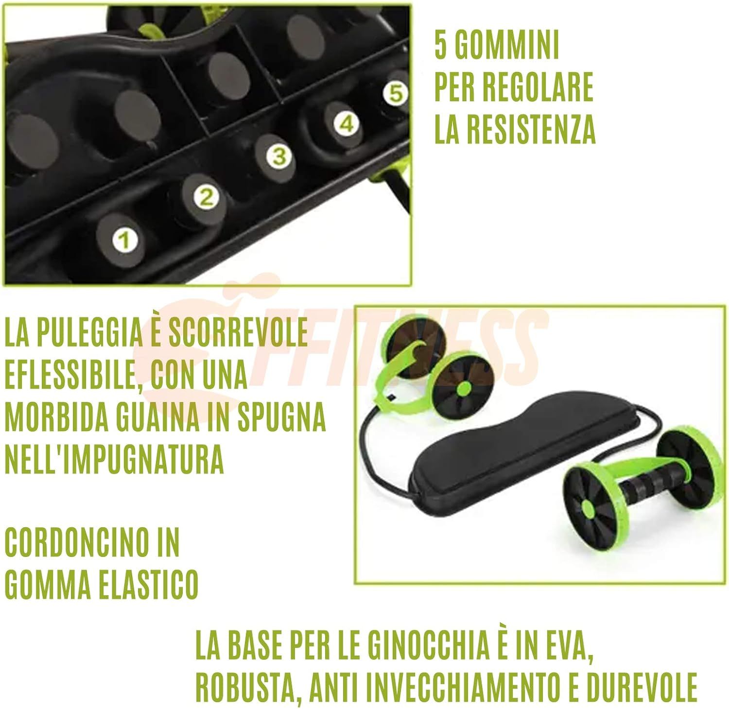 Vista dettagliata del rullo addominale. Contiene testo in italiano che descrive le caratteristiche e i materiali.