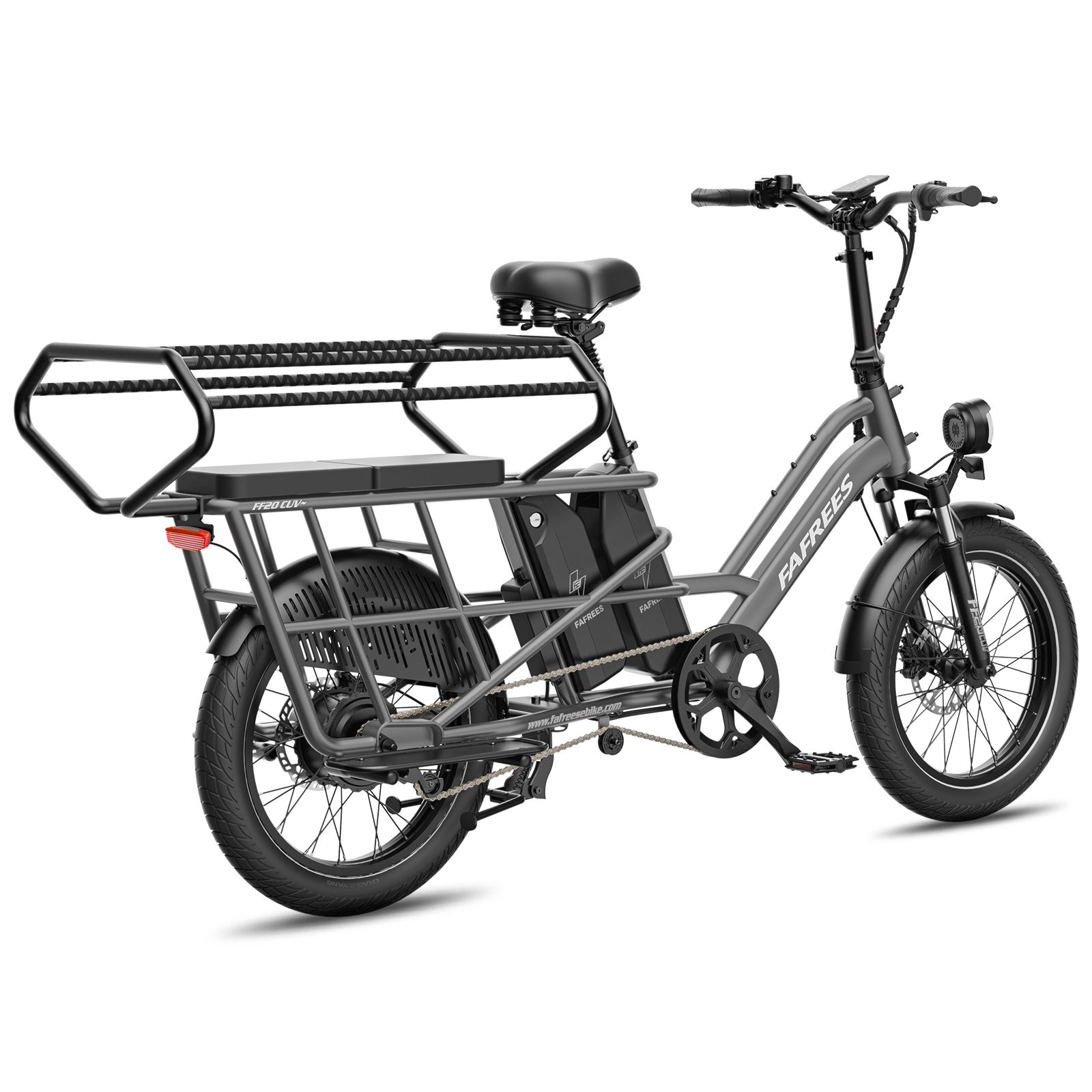 Bici elettrica grigia, vista posteriore, con ampio portapacchi posteriore e due batterie.