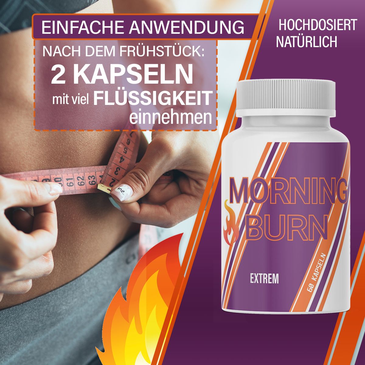 Flacone bianco con etichetta viola e arancione. Testo: MORNING BURN, EXTREM. Istruzioni: 2 capsule dopo colazione con liquido.