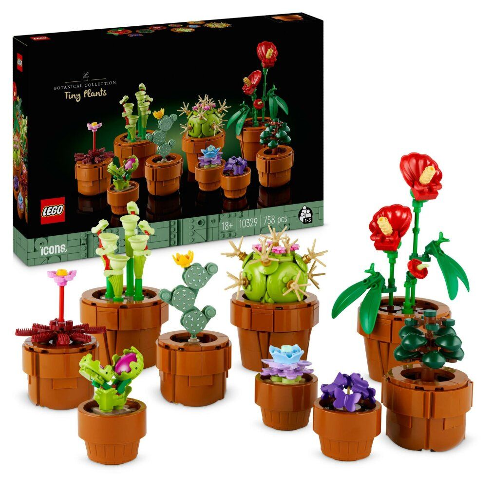 Set LEGO Icons con piante in vaso. Scatola nera e piante su sfondo bianco. Logo, scritta "Botanical Collection Tiny Plants".