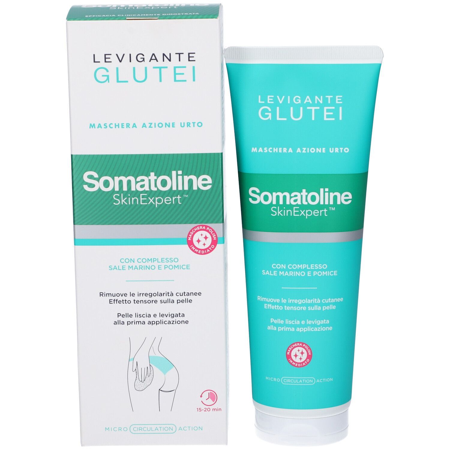 Confezione e tubo del prodotto. Confezione bianca con accenti turchesi. Tubo: Somatoline SkinExpert Maschera Levigante Glutei. Contiene sale marino e pomice.