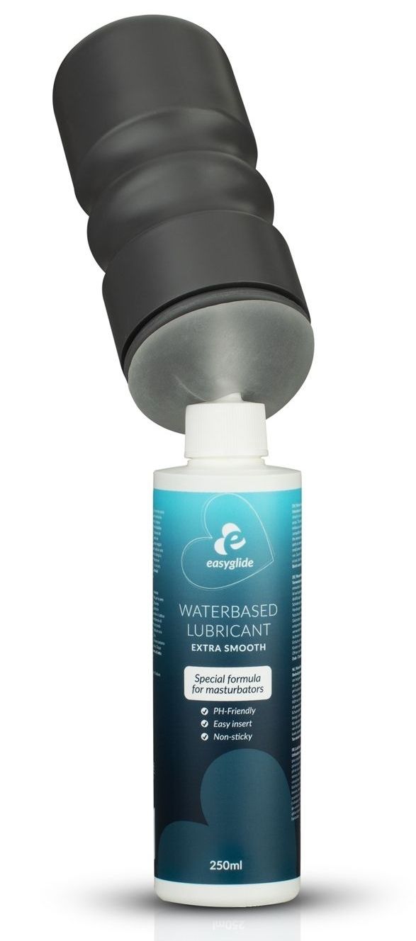 Flacone con tappo e applicatore bianchi. Scritta: Easyglide Waterbased Lubricant Extra Smooth. Prodotto mostrato con sex toy.