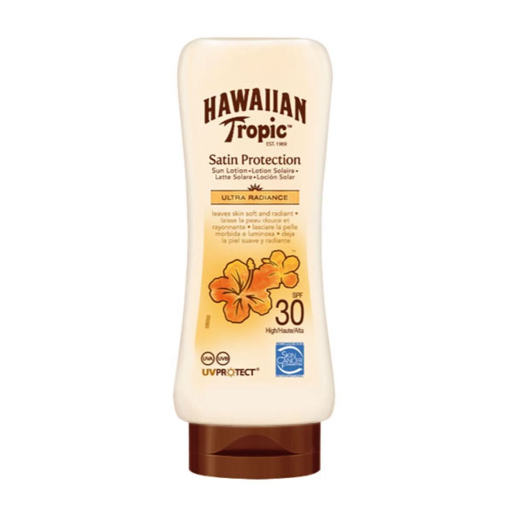 Flacone Hawaiian Tropic Satin Protection Protezione Solare Ultra Radiance SPF 30 con motivo floreale.