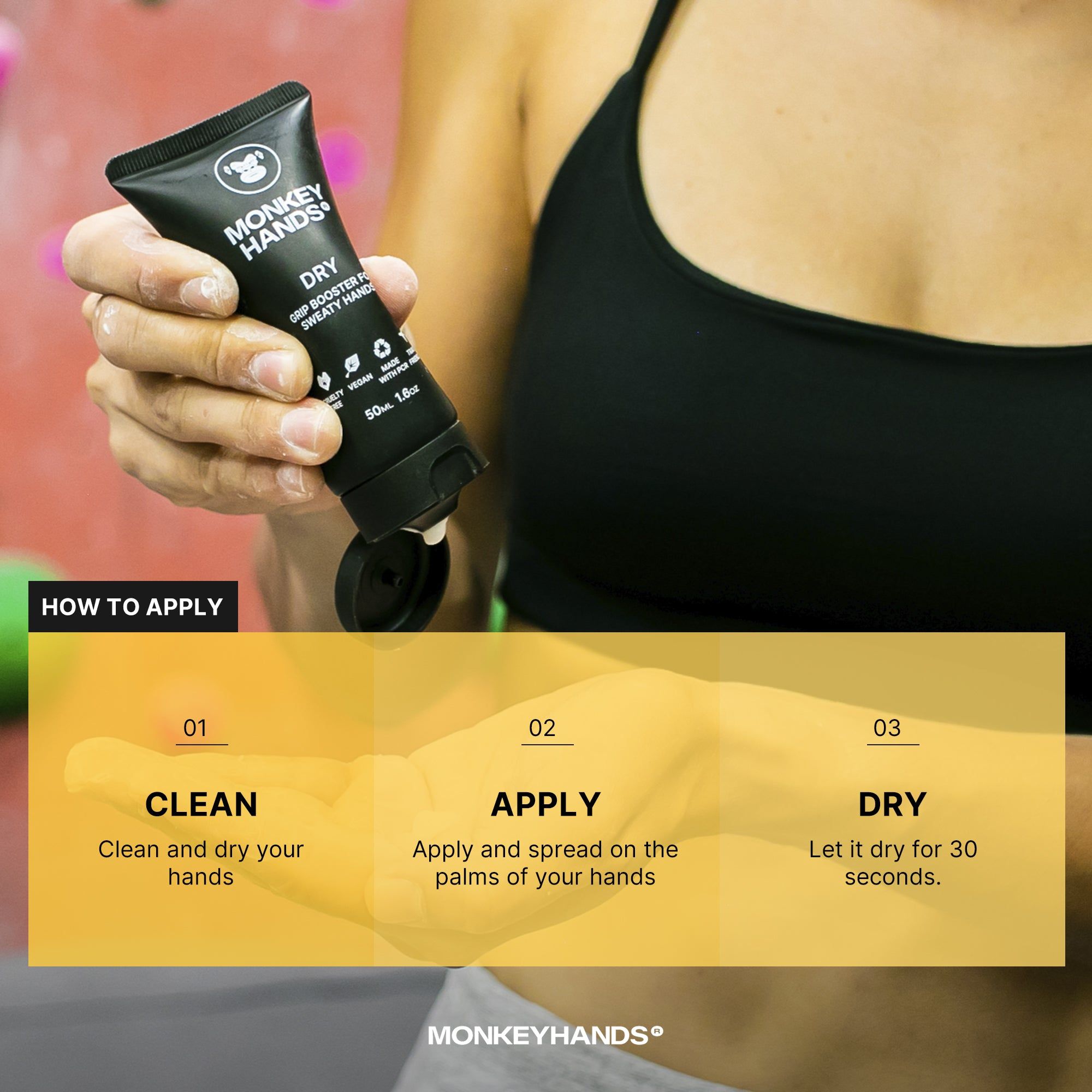 Una mano che tiene un tubo di gel Monkey Hands DRY, con istruzioni per l'applicazione in tre passaggi.