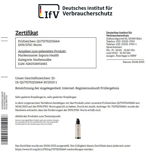 Certificato dell'Istituto tedesco per la protezione dei consumatori. Informazioni sui prodotti testati. Marchio: Sápura Health. Categoria: Crema cicatrizzante.