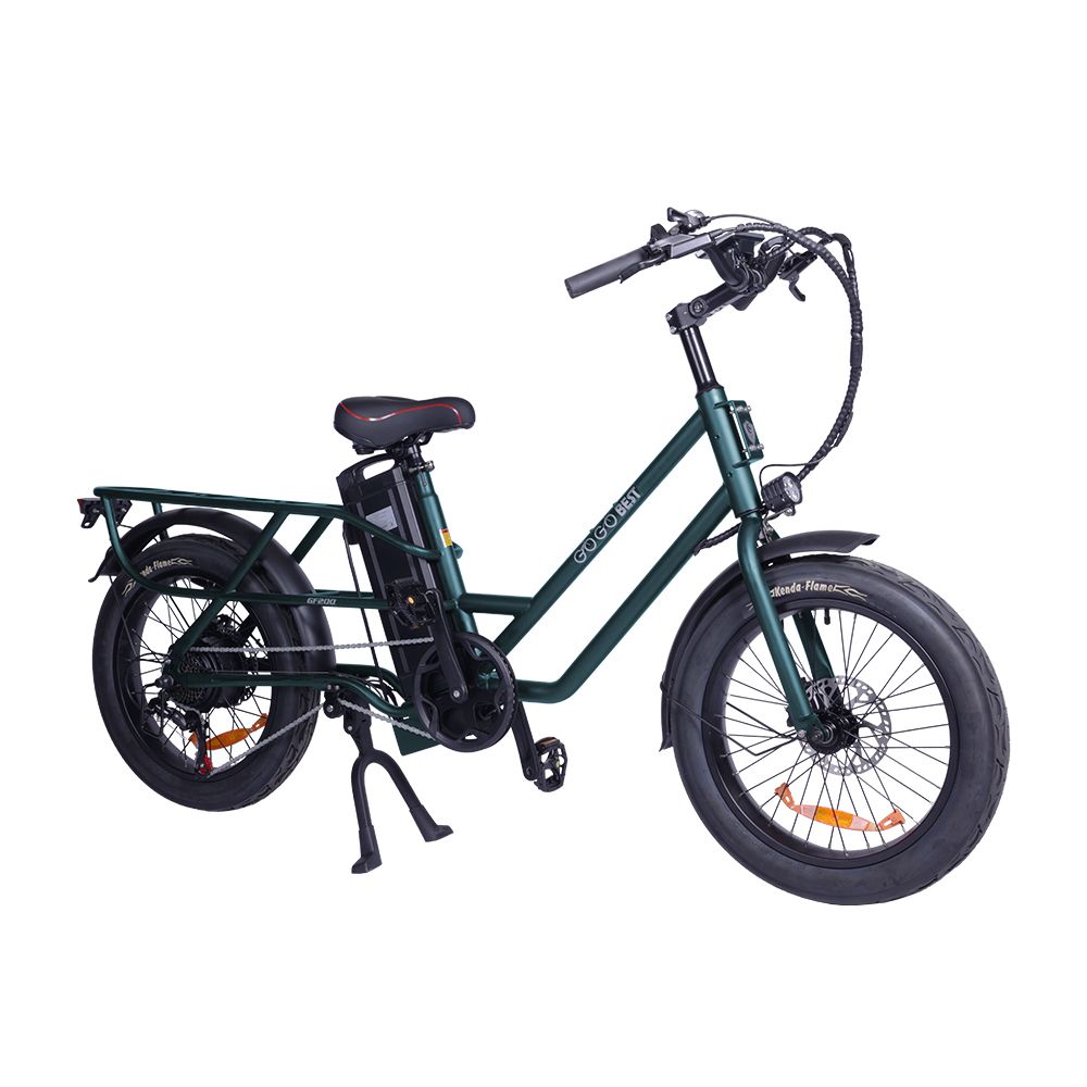 E-bike da carico verde con portapacchi e pneumatici neri. Batteria sul telaio. Scritta GOGOBEST.