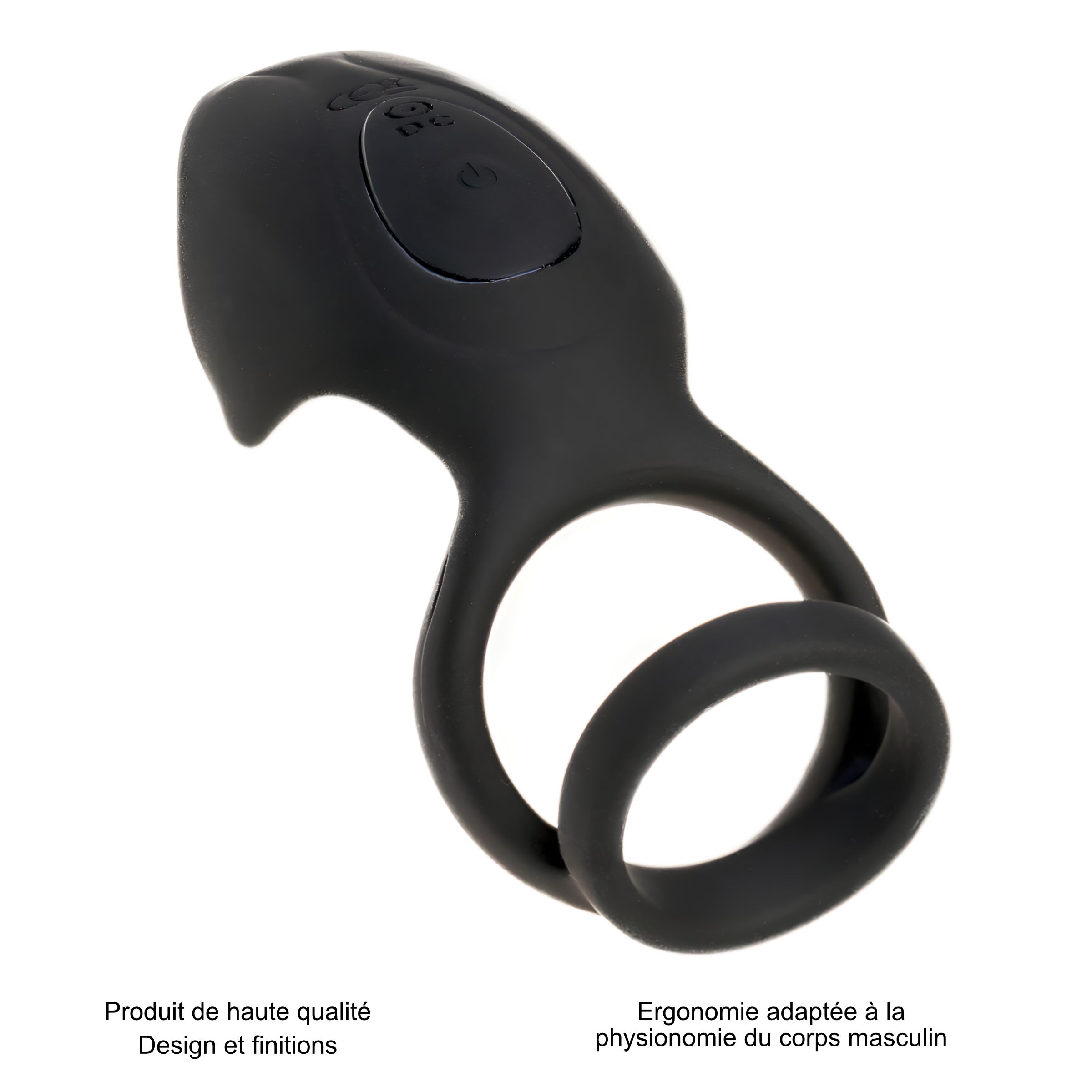 Prodotto nero ad anello. Iscrizioni: Prodotto di alta qualità, design e finiture, ergonomia adattata alla fisiologia maschile.