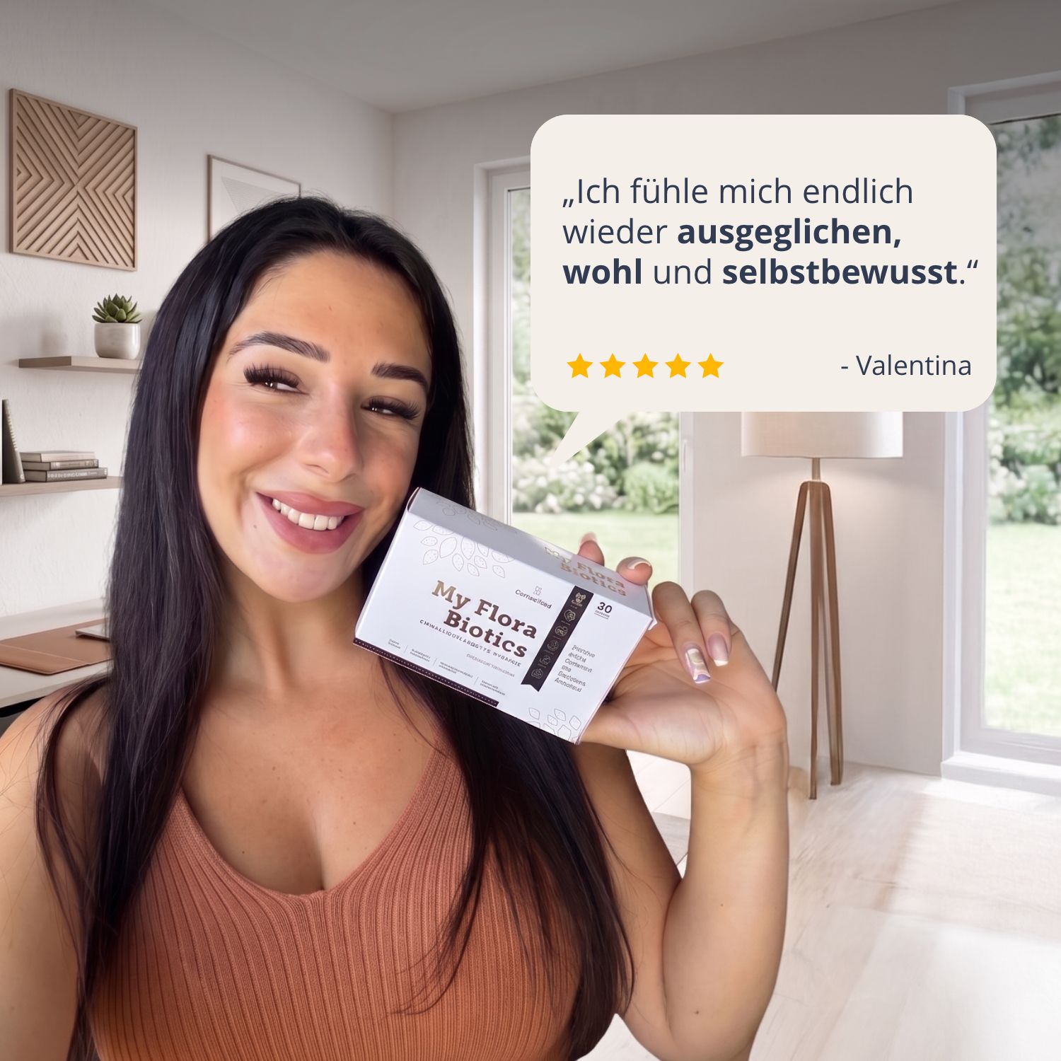 Donna con Golden Tree My Flora Biotics. "Finalmente mi sento di nuovo equilibrata."