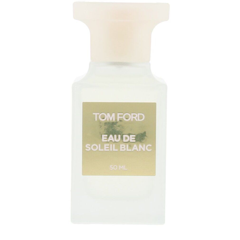 Flacone bianco con etichetta dorata. Sull'etichetta, "TOM FORD EAU DE SOLEIL BLANC 50 ml". Il flacone ha un tappo chiaro.